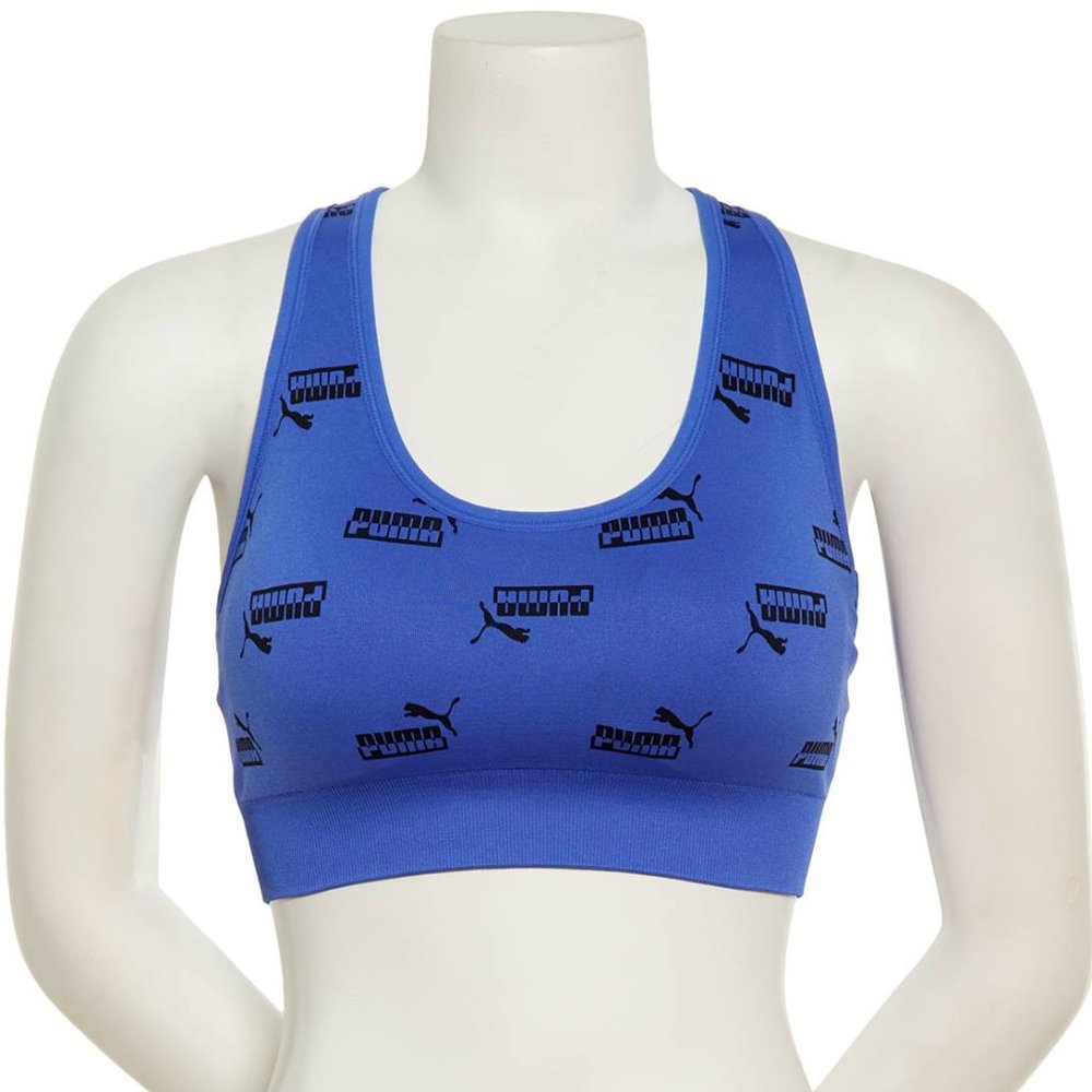 Puma Seamless Sports Bra in Blue & Black Logo Print